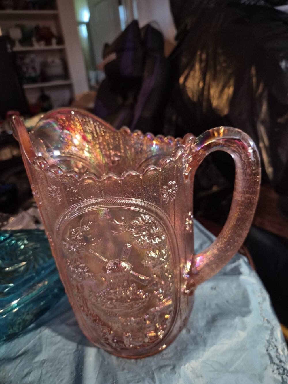 Imperial Glass Windmills Marigold Carnival Glass Pitcher, 8 1/2” tall